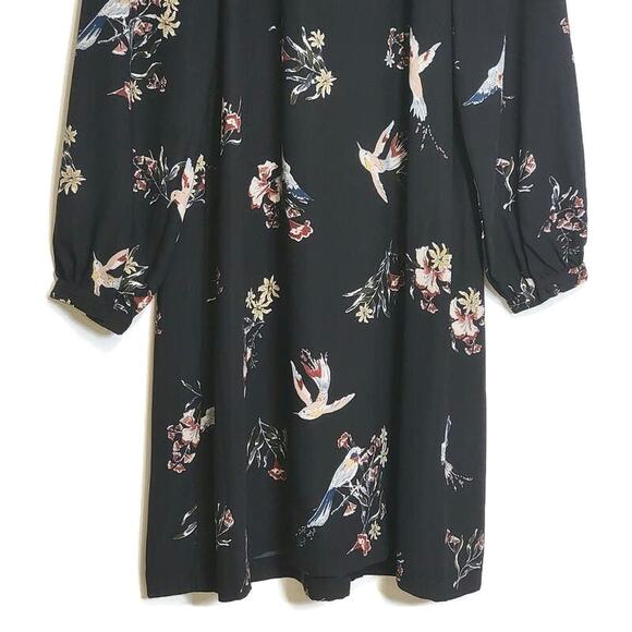 H&M Floral Bird Print Black Shift Mini Dress Tie Neck Long Sleeve Chic Party 12 - Picture 10 of 14